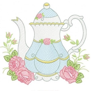 May include: Embroidered design of a blue and white teapot with a gold trim, surrounded by pink roses and green leaves. The design is available in five sizes.