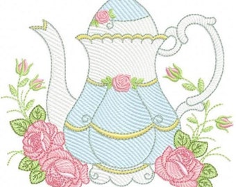 Teapot Rose Embroidery Design – Machine Embroidery Pattern (Instant Download)