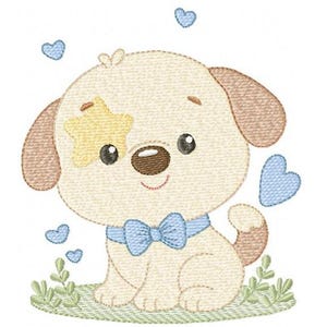 May include: An embroidered design of a cute puppy with a light beige body, brown ears, and a blue bow tie. A yellow star is on the puppy's face. Blue hearts and green grass are also in the design. The text "6 SIZES" is below the puppy.