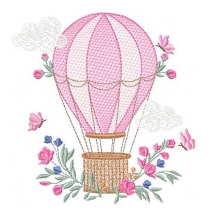 May include: Embroidered design of a pink hot air balloon with a woven basket, surrounded by pink roses, blue flowers, butterflies, and clouds. The text "6 SIZES" is displayed below the design.