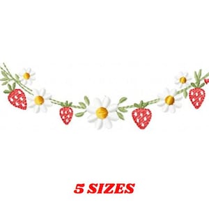 May include: Embroidered design of a strawberry and daisy garland. The garland features red strawberries, white daisies with yellow centers, and green leaves. The text "5 SIZES" is in red below the garland.