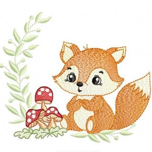 May include: Embroidered design of a cute fox sitting with mushrooms and green leaves. The design is available in 5 sizes.