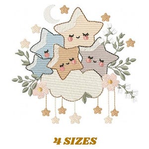 May include: Embroidered design featuring five smiling stars in pastel colors, a crescent moon, and a cloud. The design includes floral and leaf accents, with smaller stars hanging from the cloud. The text "4 SIZES" is at the bottom.