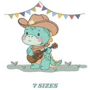 May include: An embroidered design of a cartoon dinosaur wearing a cowboy hat and playing a guitar. The dinosaur is light blue with a brown hat and guitar. A banner of colourful flags hangs above. The text "7 SIZES" is below the image.
