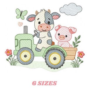 Cow with pig driving tractor embroidery design - Farm Animal machine embroidery pattern - Baby girl and boy file - Instant digital download