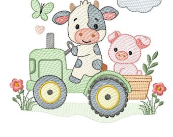 Stickmuster: Kuh und Schwein auf Traktor – Bauernhoftier-Motiv (Digitaler Download)