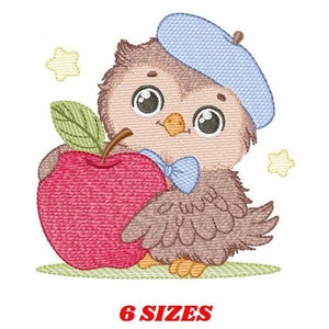 May include: Embroidered design of a brown owl wearing a blue beret and holding a red apple. The owl has large eyes and a small bow tie. The design is perfect for embroidery projects.