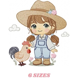 Puede incluir: Diseño bordado de una niña de dibujos animados con overoles y sombrero de paja, sosteniendo un gallo. El diseño incluye flores rosas, nubes y el texto "6 SIZES" en rosa.