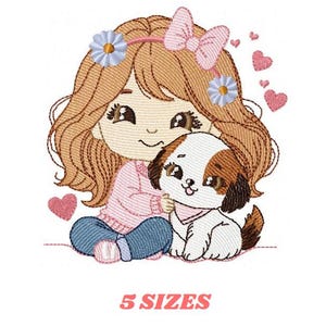 May include: An embroidered design featuring a cartoon girl with brown hair, a pink bow, and a flower crown, cuddling a puppy. Pink hearts float around them. The text "5 SIZES" is displayed in red.