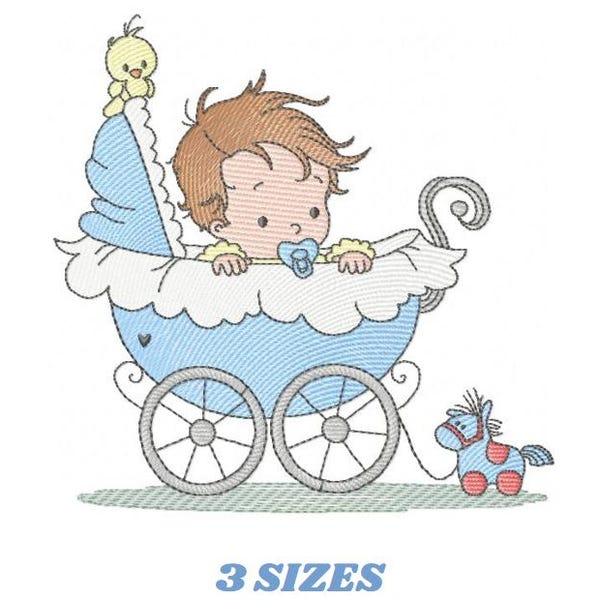 Baby boy with baby stroller embroidery design - Boy with pacifier and bird machine embroidery pattern - Instant digital download pes jef dst