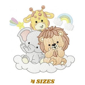 以下が含まれることがあります： 雲の上にいるキリン、ゾウ、ライオンの刺繍デザイン。虹と流れ星が描かれています。「4サイズ」の文字は金色です。ベビー用品に最適です。