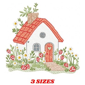 May include: Embroidered image of a whimsical cottage with a red roof, chimney, and door. The cottage is surrounded by daisies, strawberries, and greenery. The text "3 SIZES" is displayed in red below the image.