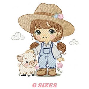 Peut inclure: Motif brodé d'une fillette de dessin animé en salopette et chapeau de paille, caressant un porcelet. Le motif comprend des fleurs roses, des nuages et le texte "6 SIZES" en rose.