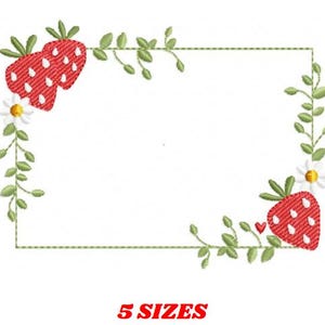 May include: Embroidered design featuring a rectangular frame with red strawberries, green leaves, and white daisies. The text "5 SIZES" is displayed in red at the bottom. The design is suitable for embroidery projects.