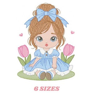 Girl with long hair and flowers embroidery designs - Princess machine embroidery pattern - Girl with lace and hearts - Instant download pes