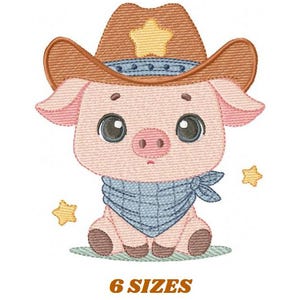 May include: Embroidered design of a pink pig wearing a brown cowboy hat with a yellow star and a blue bandana. The pig is sitting down and there are two yellow stars in the background.