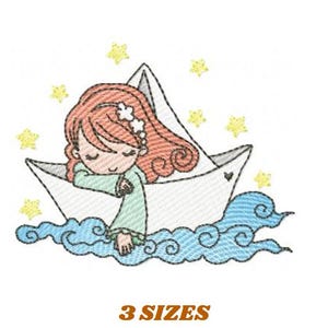 Mädchen mit Papierboot Stickmuster - Fairy Girl lange Haare Maschinenstickmuster - Ozean mit Wellen Datei - Sofortiger Download pes jef