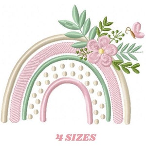 May include: A pastel rainbow embroidery design with a pink flower and green leaves. The rainbow has a dotted pattern and a butterfly is flying above the flower.