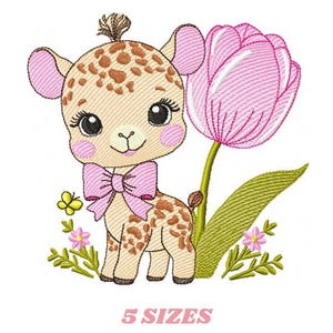 May include: An embroidered design featuring a cute giraffe calf with brown spots, a pink bow, and a large pink tulip. A yellow butterfly and small flowers are also included. The text "5 SIZES" is at the bottom.
