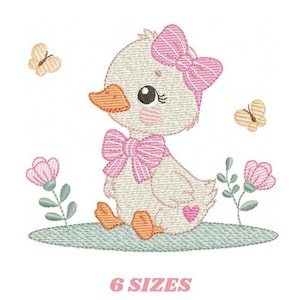 May include: An embroidered design of a cute duckling with a pink bow on its head and neck, sitting on a patch of green grass. Two butterflies and two pink flowers are also included in the design. The text "6 SIZES" is at the bottom.