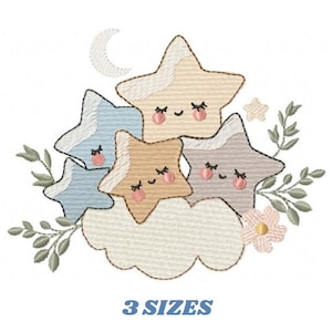 Könnte beinhalten: Ein gesticktes Design mit fünf lächelnden Sternen in Pastellfarben, einem Mond und einer Wolke. Das Design enthält florale und blattartige Akzente. Der Text "3 SIZES" wird in Blau angezeigt.