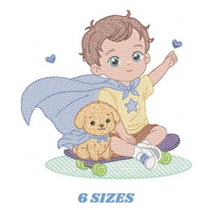 May include: An embroidered design of a cartoon boy and a puppy, both wearing capes, on a skateboard. The boy wears a yellow shirt with a star, brown shorts, and blue and white trainers. The puppy is tan. The text "6 SIZES" is below.