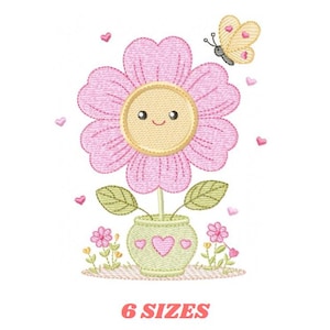 May include: An embroidered design featuring a smiling pink flower with a yellow center, green leaves, and a small butterfly. The flower sits in a green pot with a heart design, surrounded by small pink flowers and hearts. The text "6 SIZES" is at the bottom.