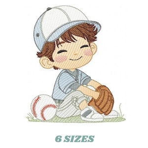 May include: An embroidered illustration of a smiling child in a baseball cap and uniform, sitting on grass. A baseball and glove are next to the child. The text "6 SIZES" is below the illustration.