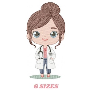 May include: An embroidered design of a cartoon doctor with brown hair in a bun, wearing a white coat, stethoscope, and blue jeans. The text "6 SIZES" is below the image in pink.