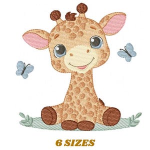 Giraffbroderidesign - Vilda safaridjur med blommor maskinbroderimönster - Giraff med fjärilar - Direkt nedladdning pes jef