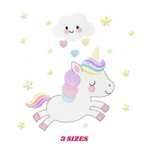May include: A white unicorn with a rainbow mane and tail jumps in front of a white cloud with a smiling face. The unicorn and cloud are surrounded by yellow stars.