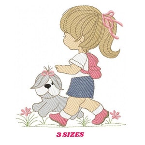 May include: Embroidered design of a girl with blonde hair and a pink bow walking with a gray dog. The girl is wearing a white shirt, a blue skirt, and a pink backpack. The dog has a pink bow on its head. The design is surrounded by green grass and pink flowers.