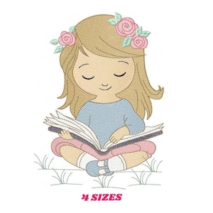 May include: A cartoon illustration of a girl with blonde hair wearing a pink flower crown sitting with her legs crossed and reading a book. She is wearing a blue shirt and a pink skirt. The girl is sitting on a patch of green grass.