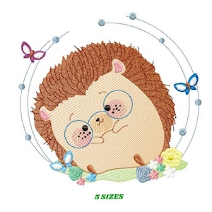 Hedgehog embroidery designs - Animal with glasses and butterflies machine embroidery pattern - Baby Boy Porcupine file - Instant download