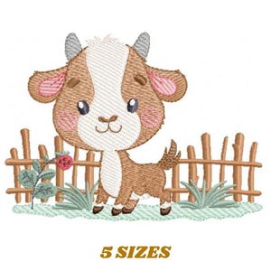 May include: An embroidered design of a cartoon goat with a brown and white coat, standing in front of a wooden fence and green grass. The goat has large eyes and small horns. The text "5 SIZES" is displayed in gold below the image.