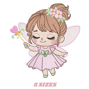 May include: A cartoon illustration of a fairy with closed eyes, wearing a pink dress and holding a wand with a heart-shaped tip. The fairy has brown hair with flowers and pink wings. The text "5 SIZES" is below the fairy.