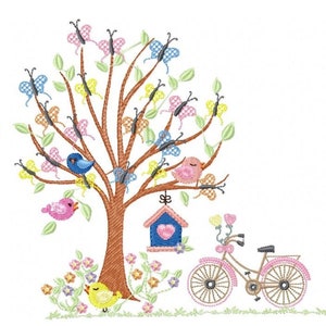 Schmetterlinge und Blumen Stickmuster - Baum mit Vögeln und Fahrrad Fahrrad Stickmaschine - Sofortiger digitaler Download