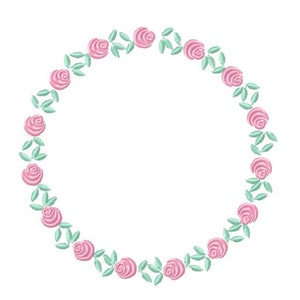 May include: A circular embroidery design featuring pink roses and green leaves arranged in a wreath pattern. The design is set against a white background, creating a delicate and floral aesthetic. Ideal for embroidery projects or decorative elements.