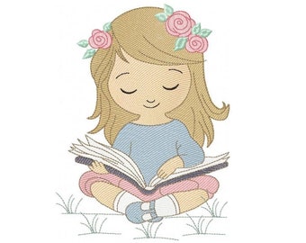 Girl embroidery designs - Reading embroidery design machine embroidery pattern - girl with book embroidery file - student embroidery school