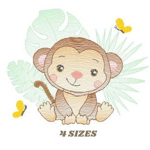 May include: Embroidered design of a brown monkey sitting with a green leafy background and two yellow butterflies. The text "4 SIZES" is below the monkey.