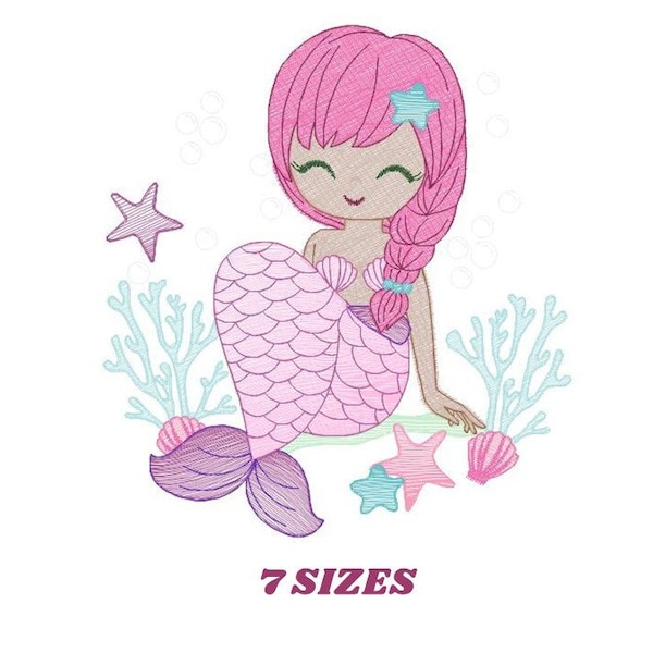 Mermaid with braids embroidery designs - Sea Princess embroidery design machine embroidery pattern - Baby Girl embroidery download file pes