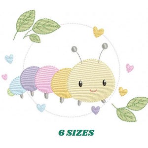 May include: An embroidered design featuring a cute, smiling caterpillar with segments in pastel colors, surrounded by hearts and leaves. The text "6 SIZES" is displayed below the design.