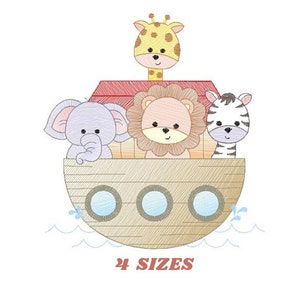 May include: A cartoon illustration of a wooden ark with a red roof, carrying a lion, a zebra, an elephant, and a giraffe. The ark is floating on blue water with white waves. The text "4 SIZES" is below the ark.