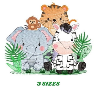 Safari wild animals embroidery designs - Elephant Zebra Tiger and Monkey machine embroidery pattern - Instant digital download pes jef dst