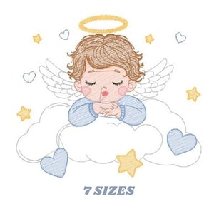 May include: Embroidered design of a sleeping angel baby with a halo, wings, and a cloud. The angel is surrounded by stars and hearts in blue and yellow.