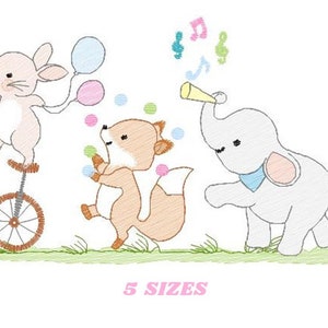 May include: An embroidered design featuring a bunny riding a unicycle, a fox juggling colorful balls, and an elephant playing a trumpet. The animals are surrounded by musical notes and balloons.