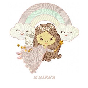 Peut inclure: Broderie représentant une fée aux cheveux bruns et une robe rose volant sous un arc-en-ciel avec deux nuages. La fée tient une baguette avec une étoile à son extrémité. Le texte "2 SIZES" est sous le dessin.