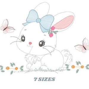 May include: A white bunny with a blue bow and pink ears sits in a field of green grass with two pink butterflies. The bunny has black eyes and a pink nose. The bunny is surrounded by green leaves and orange berries.