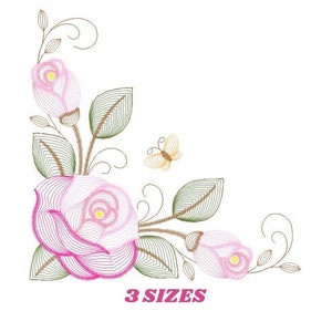 Peut inclure: Motif brodé représentant un arrangement de roses roses et de feuilles vertes dans un coin, avec un petit papillon jaune. Le motif est disponible en trois tailles.
