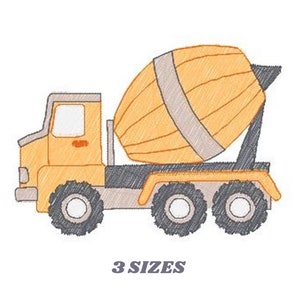 Può includere: Un camioncino di cemento giallo e grigio disegnato, con tre ruote. Il camioncino ha un grande miscelatore di cemento rotondo sul retro. L'immagine include il testo "3 SIZES".